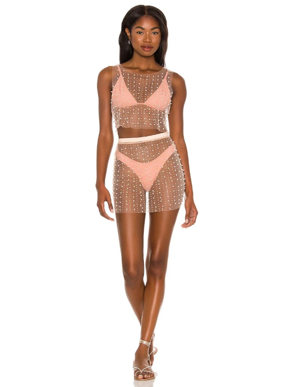 Beach Bunny Glitzy Girl Mesh Pearl Top & Skirt Set in Nude